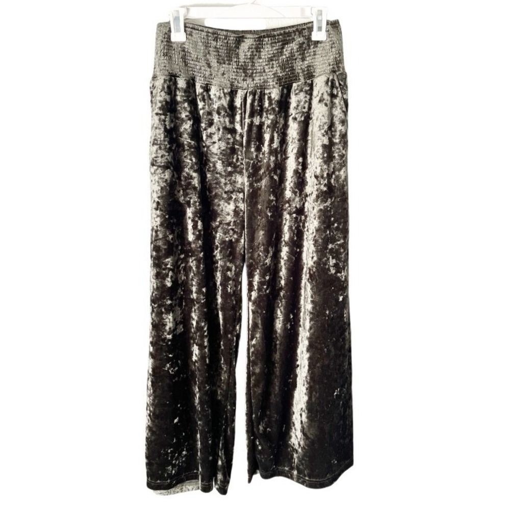 Umgee Olive Green Crushed Velvet Wide Leg Smocked Waist Pants Size M C5088-P